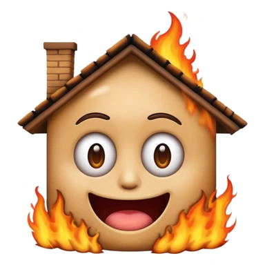 Create a comically crazy looking emoji that looks lost and confused. Have it related to emotional damage for theme with a house burning in background sticker