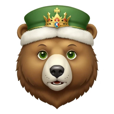 Just the head of a cute brown bear with green eyes, wearing white fur ushanka hat with highly detailed realistic Russian Federation coat of arms, showing double-headed eagle with crowns, scepter, orb and St. George shield, iOS emoji style sticker