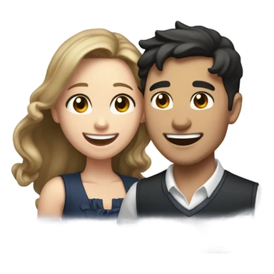 A pale half Asian man with short dark hair and amber eyes laughing with a white woman with long wavy brunette hair and dark hazel eyes. They love each other a lot And have good fashion taste and are hugging each other tight  sticker