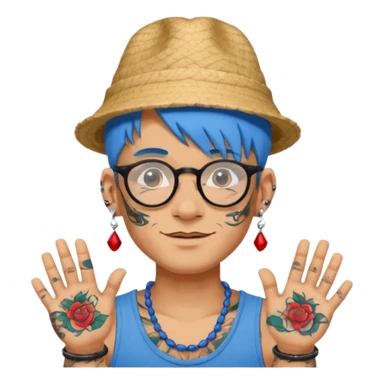 unique looking tourist with big unique red tourist hat and earrings, man with lots of tattoes and spectacles, blue hair showing sticker