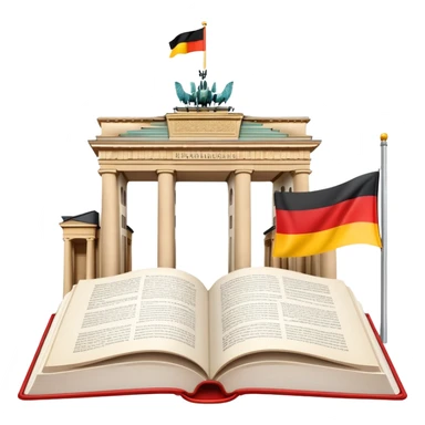 An icon featuring the Brandenburg Gate and the big flag of Germany, symbolizing the German language. The design includes an open book with German text representing language learning and German culture. Transparent background highlights the essence of German heritage. sticker