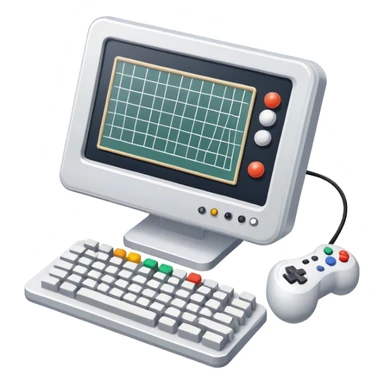Professional icon for Game Design: a computer screen with a game interface, 3D models, pixel art, wireframe, and design tools like a grid and stylus, dualsence. The icon should represent the technical and creative aspects of game development. Transparent background. sticker