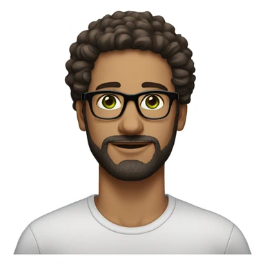 Man with green eyes and black specs, fair skin curly hair, small traingular beard below the lips. Hair colour is dark brown, fade hairstyle - is designin sticker