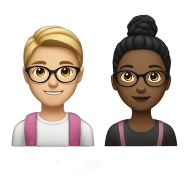  A girl, a boy, and a cat. The girl is white, with black straight hair and wears glasses. The boy is dark-skinned with a bun. The cat is black and white with a black spot on its mustache sticker