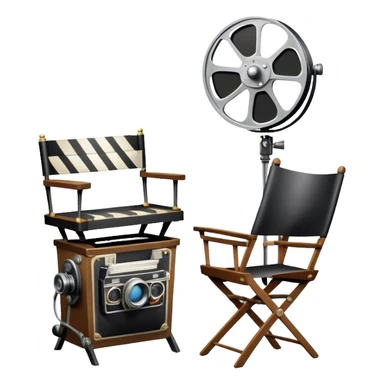 Icon for Acting: a theatrical mask, stage lights, a director’s chair, a script and a vintage movie camera, representing the craft of acting in theater. The design should reflect creativity, performance, and storytelling on stage. Transparent background. sticker