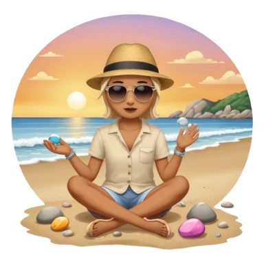 Someone sitting on the ground in the Beach close to the water and throws stone at the water and it's a sunset sticker