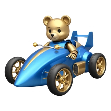  Metallic blue and gold-accented  kid-sized racing car for furry scary robot teddy bear with custom aero body and rear wing and motorcycle-sized wheels  sticker