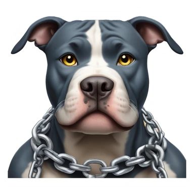 A Pit Bull with a defiant expression, piercing blue eyes, displays his muscular strength while wearing iron chains adorned with gold and silver spikes sticker