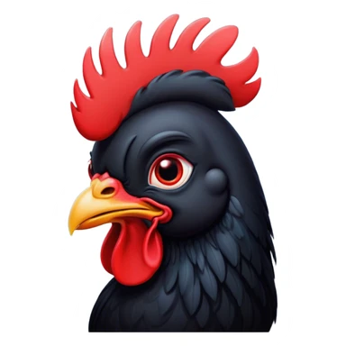 Cinematic Cute Black Rooster Portrait Emoji, Head tilted playfully and inquisitively, featuring a glossy, immaculate black plumage with a vibrant red comb, round, sparkling eyes filled with curiosity, Simplified yet irresistibly adorable features, highly detailed, glowing with a warm, friendly glow, high shine, affectionate and spirited, stylized with a touch of farmyard whimsy, bright and endearing, soft glowing outline, capturing the essence of a mischievous yet loving rooster, so playful it feels like it could strut out of the screen and into your arms! sticker