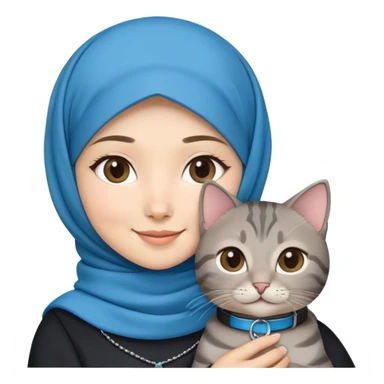 Asian White girl wearing hijab holding a black grey tabby cat while smiling. The cat is wearing a blue collar sticker