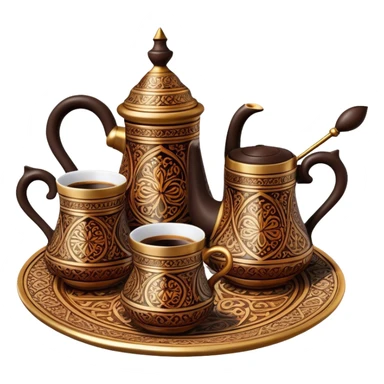 Turkish Coffee Set – Cinematic Realistic Turkish Coffee Set, depicted as an elegantly arranged ensemble of ornate coffee cups and a traditional cezve pot, adorned with intricate patterns and rich, warm colors, rendered with detailed textures and soft ambient lighting that captures its cultural heritage. sticker