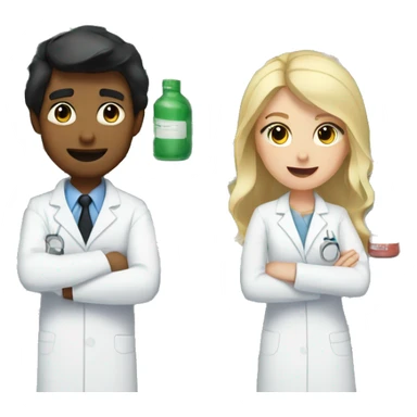 blonde female pharmacist next to male chemist with black hair and pale skin sticker