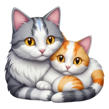 grey and white cat cuddling a colourful light patched calico + white tabby cat sticker