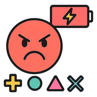 angry emoji with energy bar and gaming symbols, color outline icon style sticker
