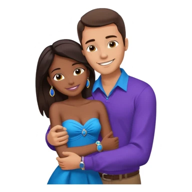Tan tall brunette European male in blue shirt smiling and hugging a jet black African girl in purple strapless dress and blue jewelry they are on a beach with blue ocean water and palm trees sticker