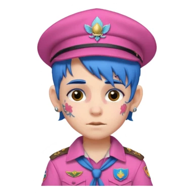scout boy with very pink scout uniform, blue haired and hat, heavy face attoed sticker