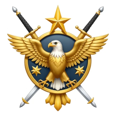 Insignia militar realista para videojuegos de guerra (estilo Delta Force), forma de escudo metálico con bordes desgastados. Incluye:

Símbolo: [fusiles cruzados / águila / estrellas / espada] sticker