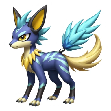 Shiny colorful exotic Feral Scaly Striking Slaying Badass Evil Handsome Lightning-patterned Zig-zagged buzzy fuzzy Meloetta-Renamon-Luxray-Cobalion-Suicune-Vernid-fusion-hybrid-creature, full body  sticker