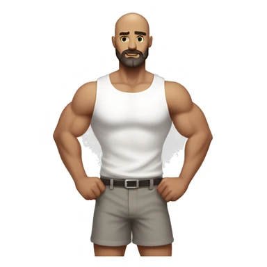 Man flexing muscles in a white shirt and grey shorts, bald, brown beard sticker