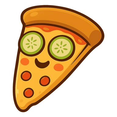 Remove any hands from the image and ensure only the pizza slice is visible with no background. Keep the pizza slice looking happy and relaxed with cucumber slices on its eyes, conveying a spa vibe. Maintain a clean and clear presentation focusing on the pizza slice only. sticker