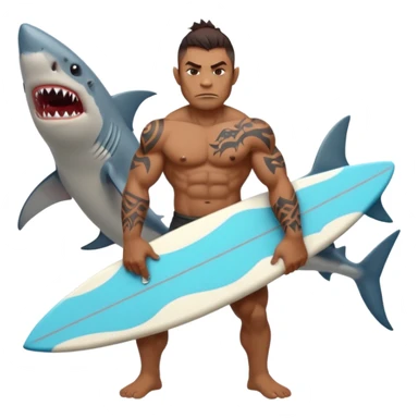 orc male holds a surfboard with a shark painted vertically in his hands sticker