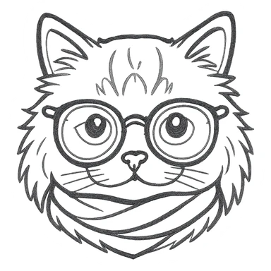 Convert the Apple emoji-style cat head to a black hand-drawn outline style with smooth, rounded lines and no color fill. Keep the same proportions and accessories including tinted glasses and scarf. Only the cat's head is shown, no body parts. sticker