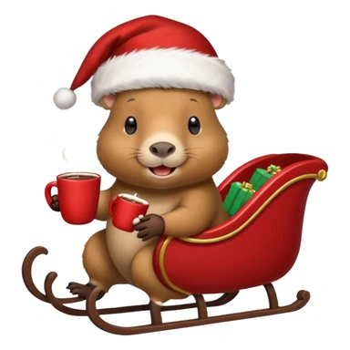 capybara wearing a santa hat, holding a cup of hot cocoa in a sleigh sticker