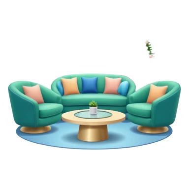 Morning entertainment TV studio, cozy talk show set with armchairs and couch, guests sitting area, round glass coffee table, warm pastel colors, green and blue lighting panels, festive decorations, friendly daytime TV atmosphere, realistic broadcast studio, no branding. sticker