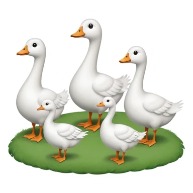 9 white geese standing on a green hill, front view, foggy, all looking in different directions, one is on the top  sticker