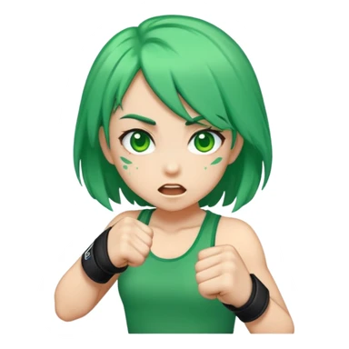 A girl with green hair punching sticker