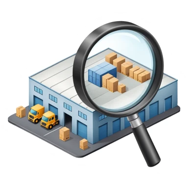 A warehouse under a magnifying glass sticker