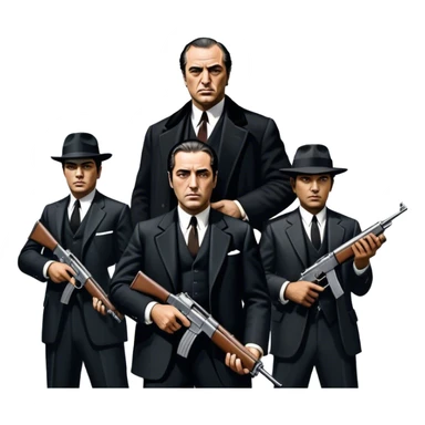 Vintage noir poster with Don Corleone surrounded by gangsters holding Thompson submachine guns. Background features New York skyscrapers, adding to the gritty, classic gangster film feel.  Dark and moody atmosphere with shadows, suits, and a mysterious vibe. Transparent background. sticker