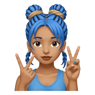 brown girl with blue dreads in a bun, giving peace sign with middle finger sticker