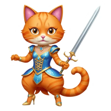 sassy orange cat in drag high heels glitter expressive face brandishing a sword sticker