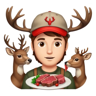 Guy with deer antlers eats meat, brown hair, with cap sticker