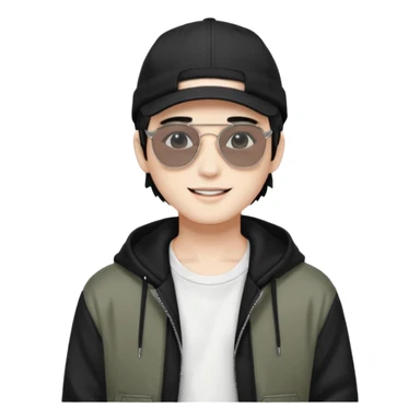 Portrait of a male K-pop idol, white skin, wearing a stylish streetwear outfit with layered clothing, makeup, wearing a black cap, smiling, sunglasses sticker