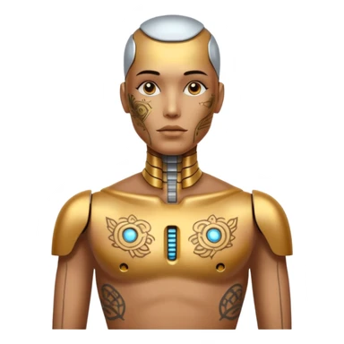 gold Tatooed robot, big many tatooes on chest, neck and face, white tatoo on face sticker