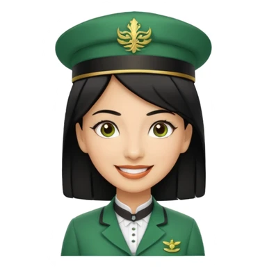 Lady hotel butler with green uniform black hair and just a lite bit brown skin and Arabic face with our hat please sticker