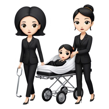 Two woman in black pants suits. One has black hair in a bun and one has brown long hair. They are pushing a stretcher with a dead body on it covers in sheets in to a black funeral Mercedes Vito car  sticker