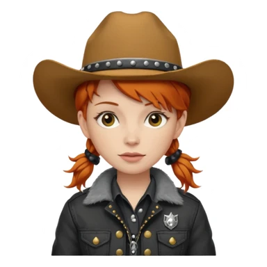 Ginger long hair cowgirl with soft punk hat and jacket sticker