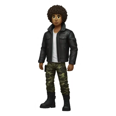 A dark skinned curly haired punk guy with urban camo pants and tactical boots and wearing a Leather jacket sticker