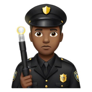 A vigilant male security guard wearing a black uniform, a cap with ‘SECURITY’ embroidered on it, and a black jacket. He holds a flashlight  shining its beam forward, with a focused and alert expression. sticker