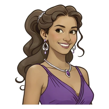 Young woman with long brown hair in a high wavy ponytail, with a single curl falling on her forehead. She wears a purple Grecian dress and has a confident, playful smile. Inspired by Disney animation. sticker