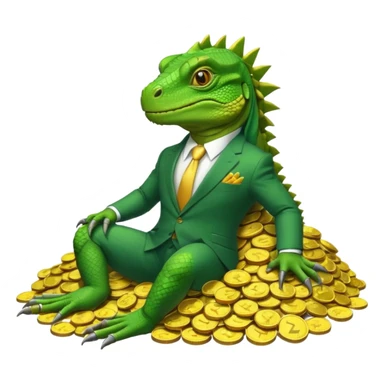capitalist iguana in suit lying resting on coins sticker