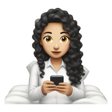 asian girl with curly long hair and white long sleeve shirt watching show on phone on bed sticker