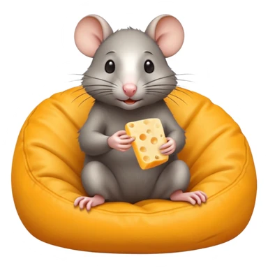 rat sitting in bean bag chair while eating cheese sticker