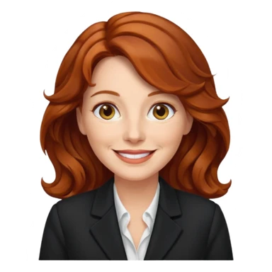 emoji of a woman in her 50s, wavy auburn hair, wearing a blazer, smiling sticker