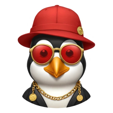 Mike D from Beastie Boys with dark sun glasses and large penguin medallion on gold chain and Red Hat with Mike D printed on hat sticker