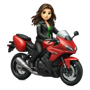 Brunette Girl with Green eyes, Long hair, wearing a black leather jacket is riding a red Kawasaki Sport motorbike sticker