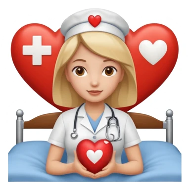 a caring nurse with a heart symbol and a bed icon, warm Apple emoji style sticker